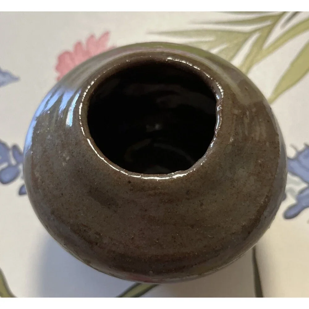 Brown Pottery Vase 3” Tall 5” Wide Handmade Rustic Glazed - Crafted by AV